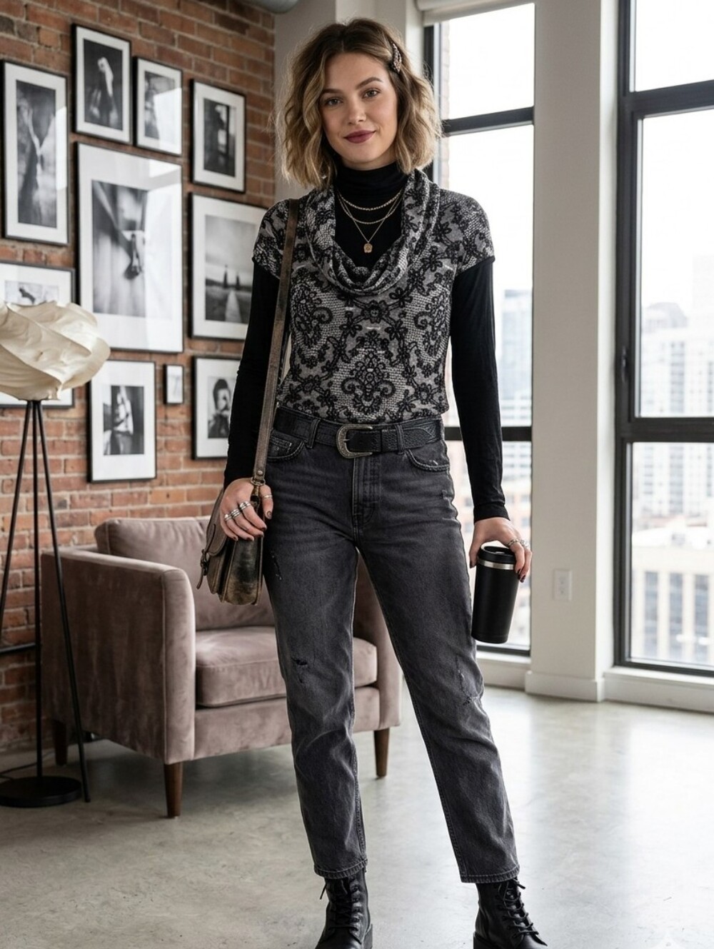 Simon Chang Black & Gray Floral Lace-Effect Cowl Neck Tunic